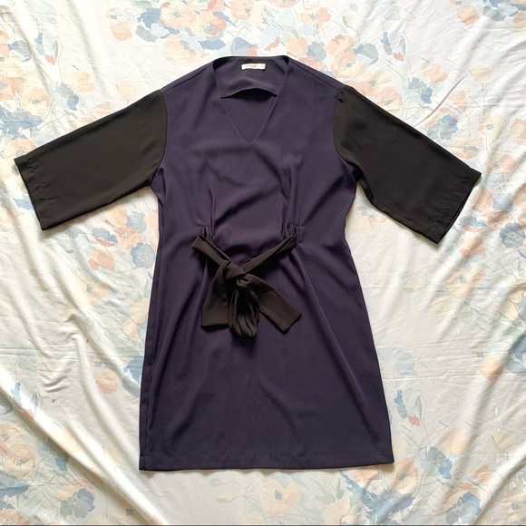 Finery London Black and Navy Color Block Tie Waist Shift Dress - Picture 1 of 5